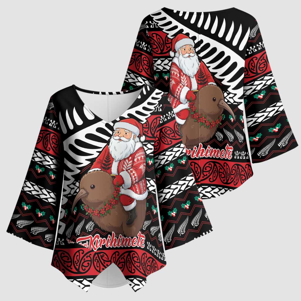 New Zealand Kiwi Santa Christmas Kimono Sleeve Blouse He Wairua Kirihimete LT9 - Polynesian Pride