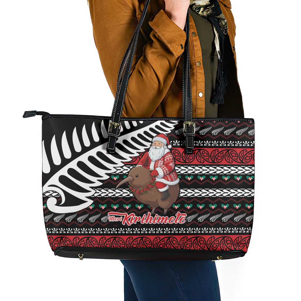 New Zealand Kiwi Santa Christmas Leather Tote Bag He Wairua Kirihimete LT9 - Polynesian Pride