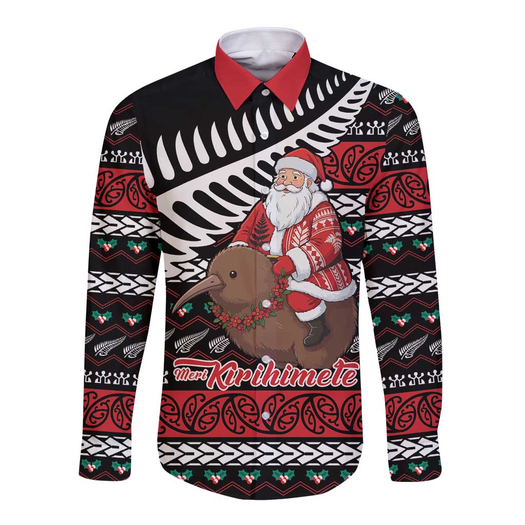 New Zealand Kiwi Santa Christmas Long Sleeve Button Shirt He Wairua Kirihimete LT9 Unisex Black - Polynesian Pride