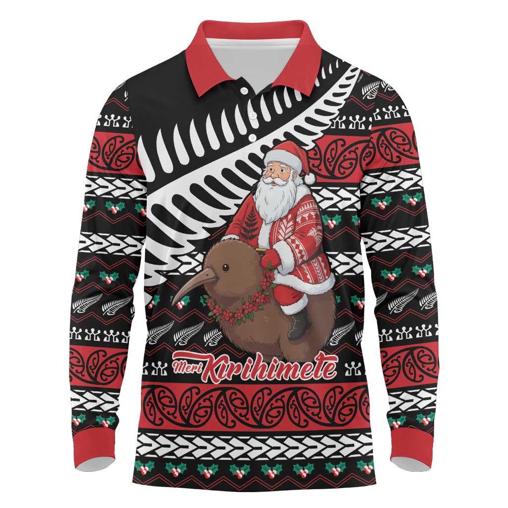 New Zealand Kiwi Santa Christmas Long Sleeve Polo Shirt He Wairua Kirihimete LT9 Black - Polynesian Pride