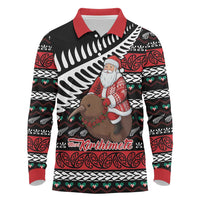 New Zealand Kiwi Santa Christmas Long Sleeve Polo Shirt He Wairua Kirihimete LT9 Black - Polynesian Pride