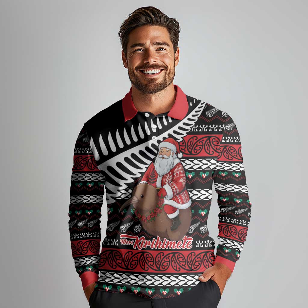 New Zealand Kiwi Santa Christmas Long Sleeve Polo Shirt He Wairua Kirihimete LT9 - Polynesian Pride