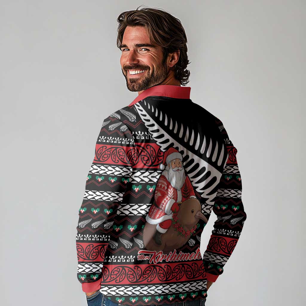 New Zealand Kiwi Santa Christmas Long Sleeve Polo Shirt He Wairua Kirihimete LT9 - Polynesian Pride