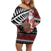 New Zealand Kiwi Santa Christmas Off Shoulder Short Dress He Wairua Kirihimete LT9 Women Black - Polynesian Pride