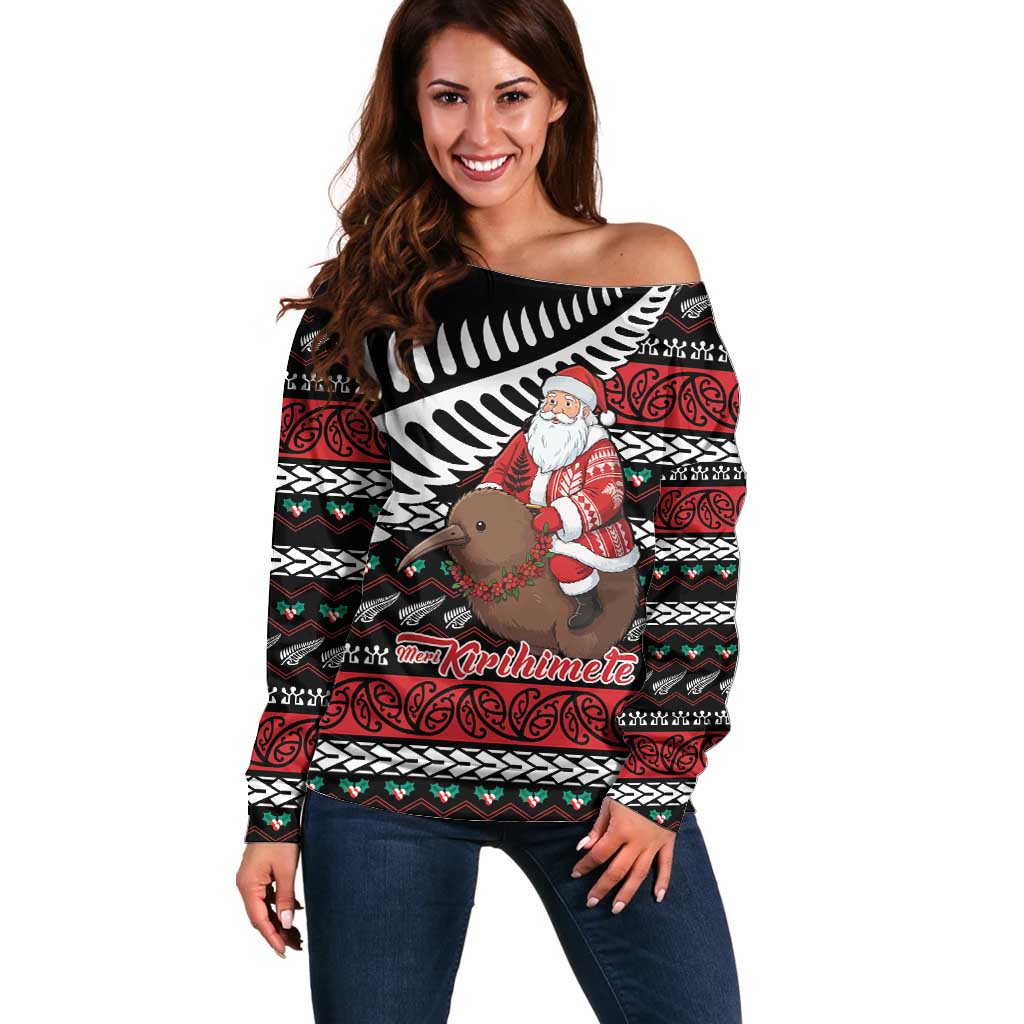 New Zealand Kiwi Santa Christmas Off Shoulder Sweater He Wairua Kirihimete LT9 Women Black - Polynesian Pride