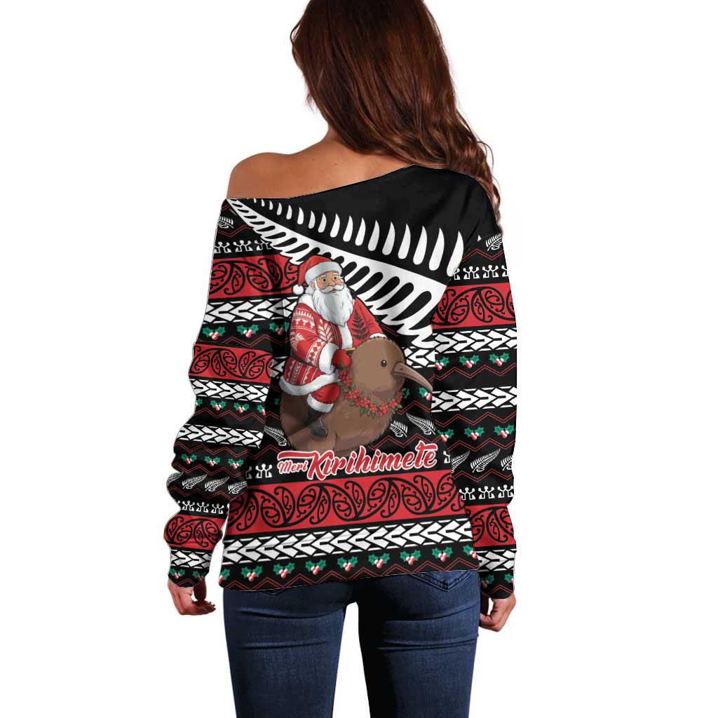 New Zealand Kiwi Santa Christmas Off Shoulder Sweater He Wairua Kirihimete LT9 - Polynesian Pride