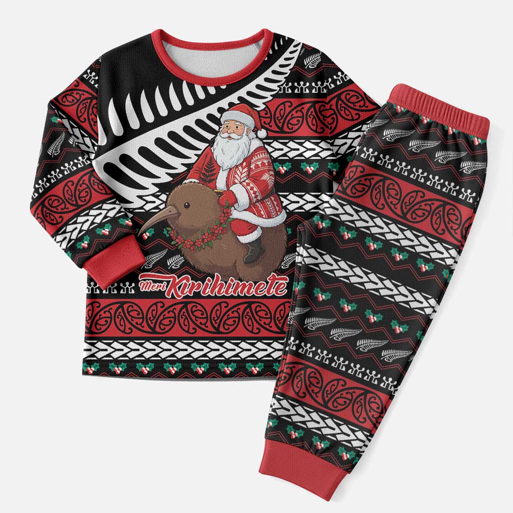 New Zealand Kiwi Santa Christmas Pajama Set He Wairua Kirihimete LT9 Men Black - Polynesian Pride