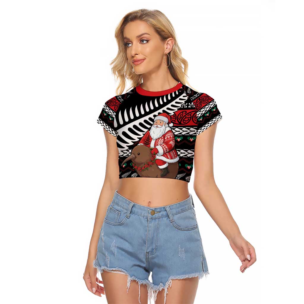 New Zealand Kiwi Santa Christmas Raglan Cropped T Shirt He Wairua Kirihimete - Polynesian Pride