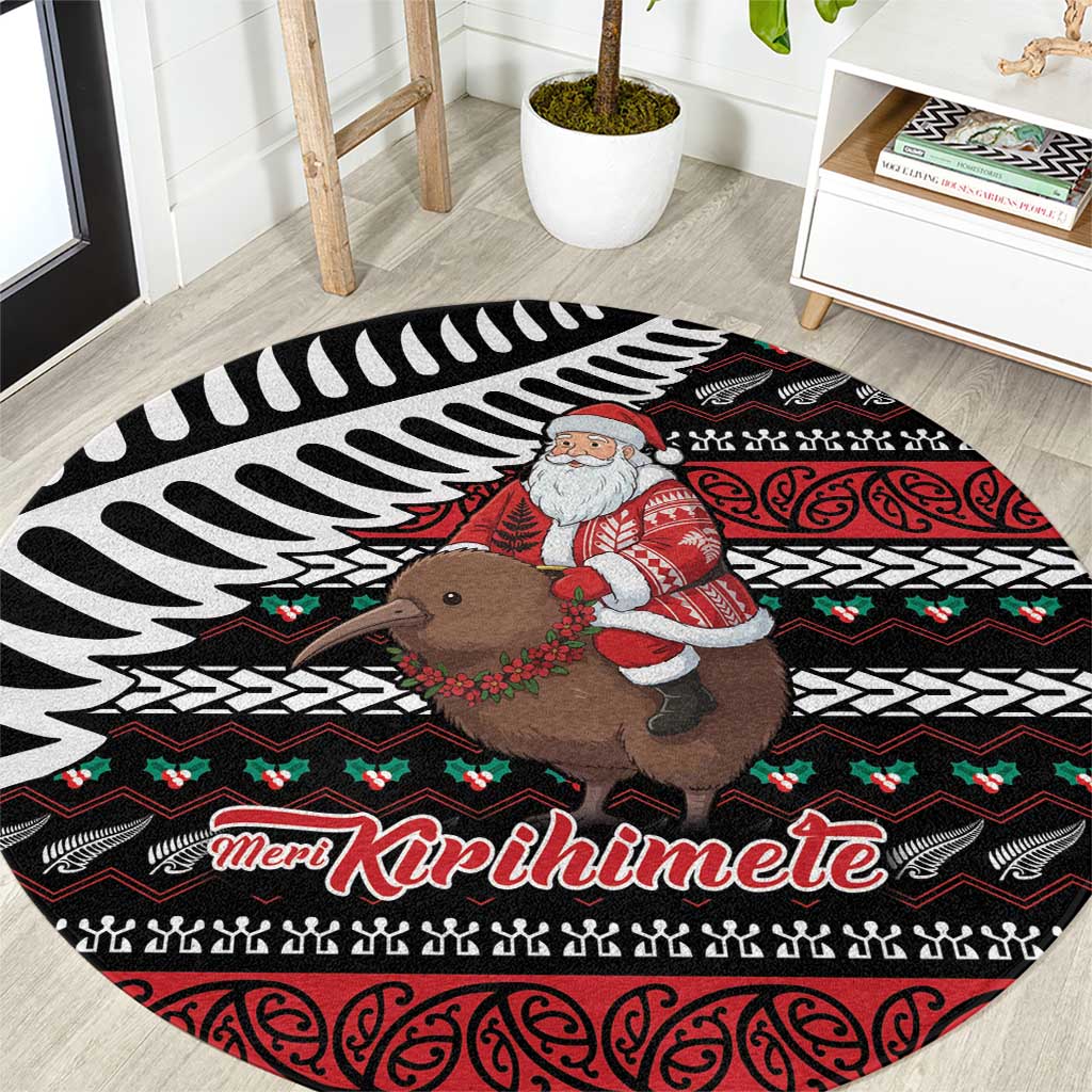 New Zealand Kiwi Santa Christmas Round Carpet He Wairua Kirihimete LT9 Black - Polynesian Pride
