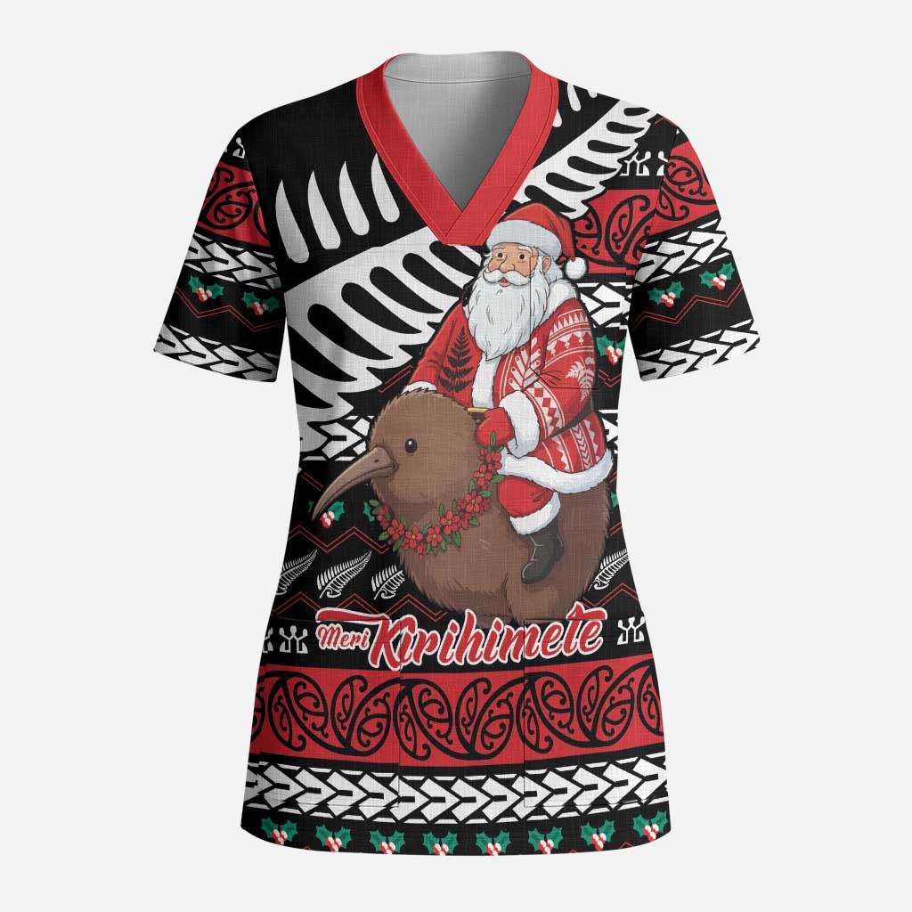 New Zealand Kiwi Santa Christmas Scrub Top He Wairua Kirihimete LT9 Adult Black - Polynesian Pride