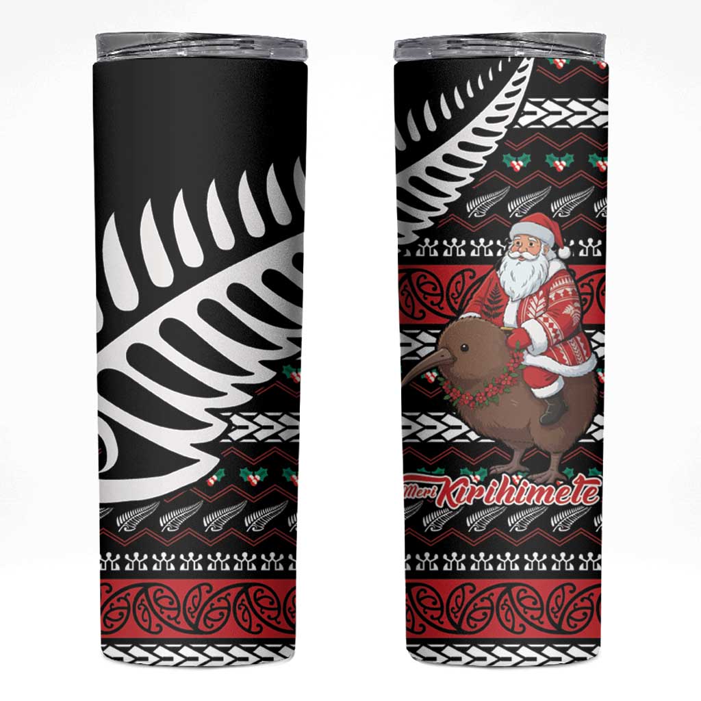 New Zealand Kiwi Santa Christmas Skinny Tumbler He Wairua Kirihimete LT9 Black - Polynesian Pride