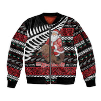 New Zealand Kiwi Santa Christmas Sleeve Zip Bomber Jacket He Wairua Kirihimete LT9 Unisex Black - Polynesian Pride