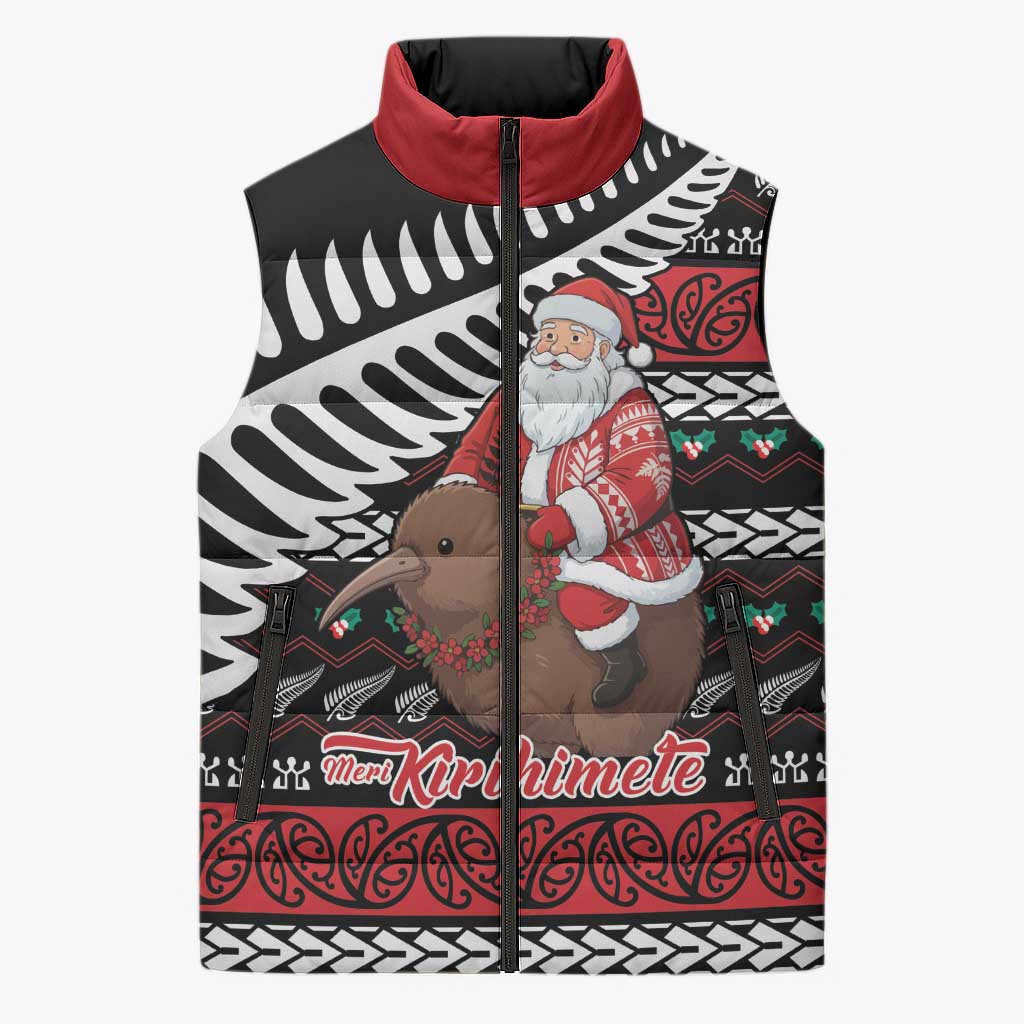 New Zealand Kiwi Santa Christmas Sleeveless Puffer Jacket He Wairua Kirihimete LT9 Unisex Black - Polynesian Pride