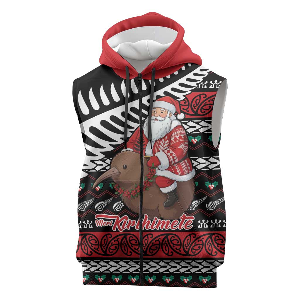 New Zealand Kiwi Santa Christmas Sleeveless Zip Hoodie He Wairua Kirihimete LT9 Black - Polynesian Pride
