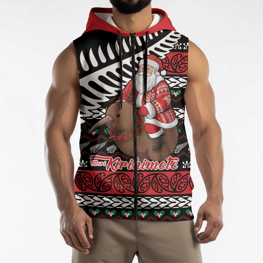 New Zealand Kiwi Santa Christmas Sleeveless Zip Hoodie He Wairua Kirihimete LT9 - Polynesian Pride