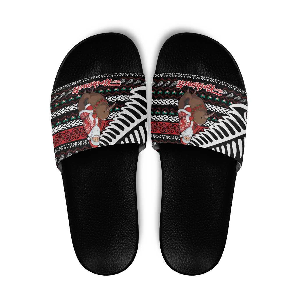 New Zealand Kiwi Santa Christmas Slide Sandals He Wairua Kirihimete LT9 Black - Polynesian Pride