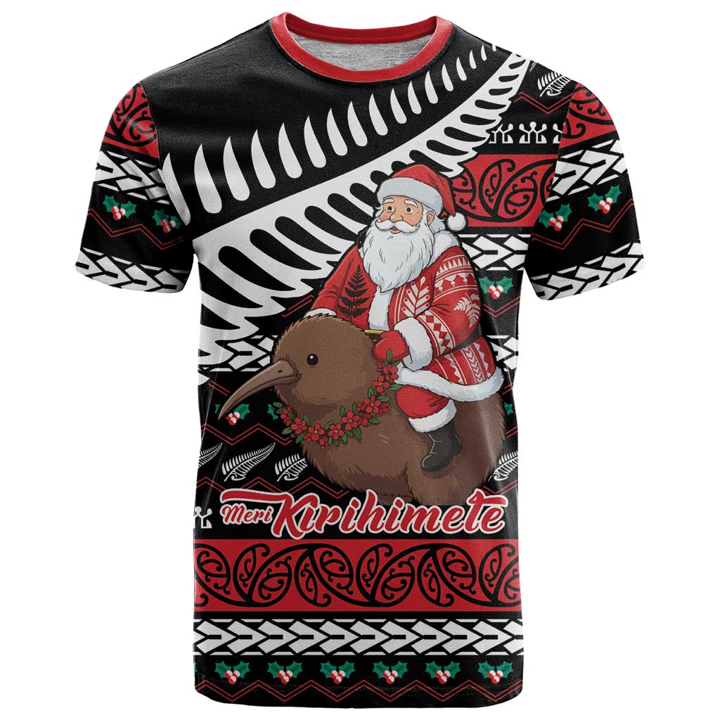 New Zealand Kiwi Santa Christmas T Shirt He Wairua Kirihimete LT9 Black - Polynesian Pride
