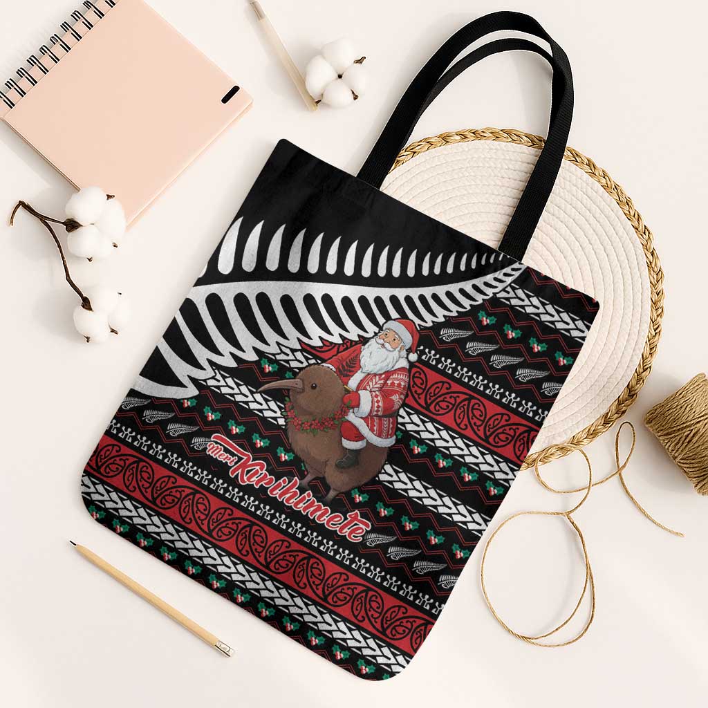 New Zealand Kiwi Santa Christmas Tote Bag He Wairua Kirihimete LT9 Black Strap One Size Black - Polynesian Pride