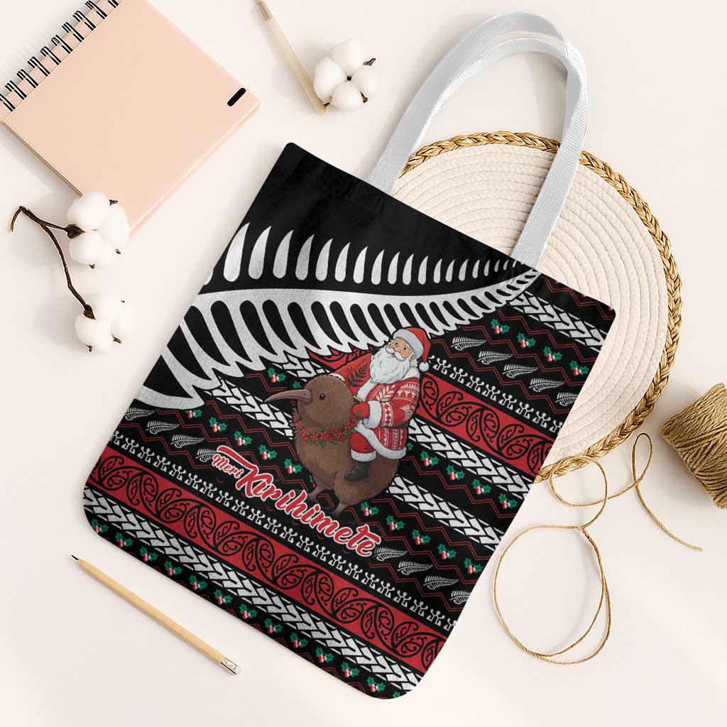 New Zealand Kiwi Santa Christmas Tote Bag He Wairua Kirihimete LT9 White Strap One Size Black - Polynesian Pride