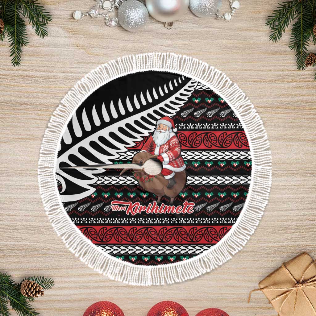 New Zealand Kiwi Santa Christmas Tree Skirt He Wairua Kirihimete LT9 Fringed Black - Polynesian Pride