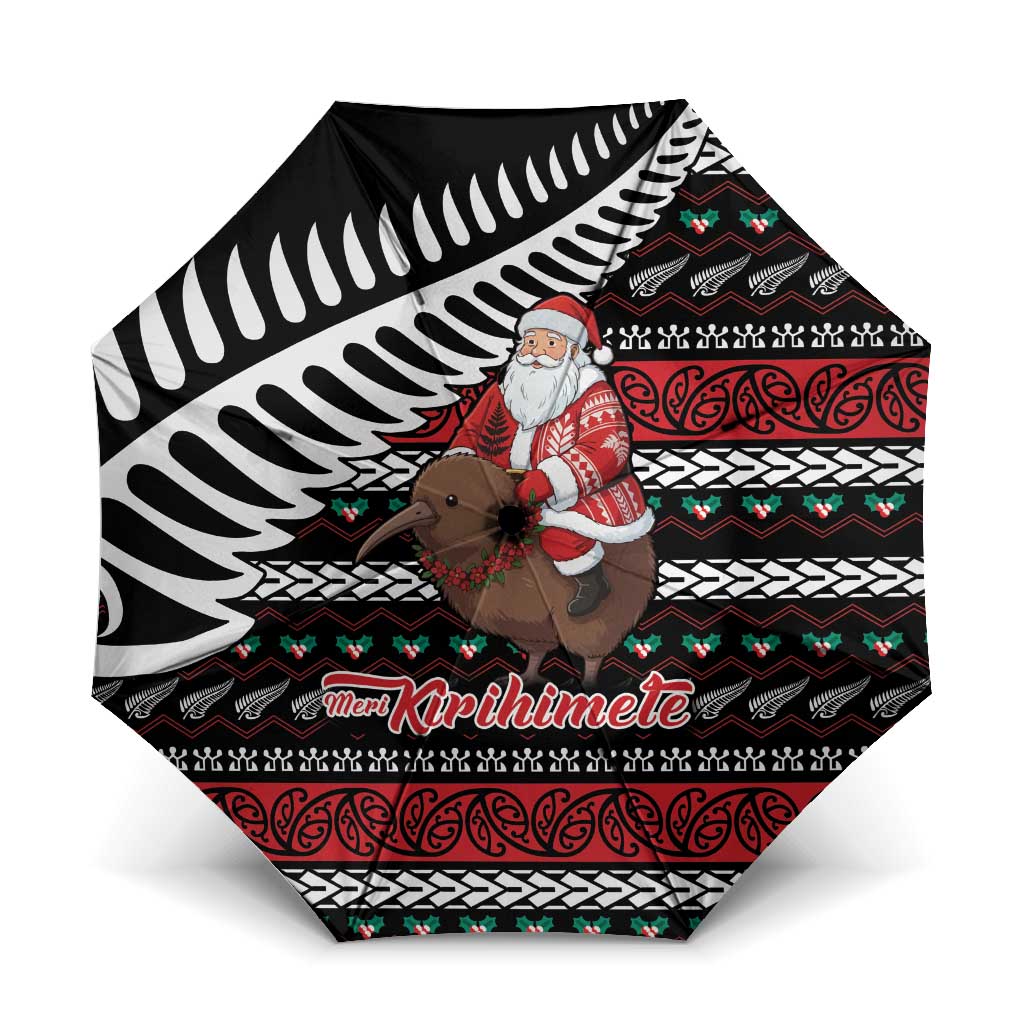 New Zealand Kiwi Santa Christmas Umbrella He Wairua Kirihimete LT9 One Size Folded 11.42 inch Opened Diameter 37.4 inch Black - Polynesian Pride