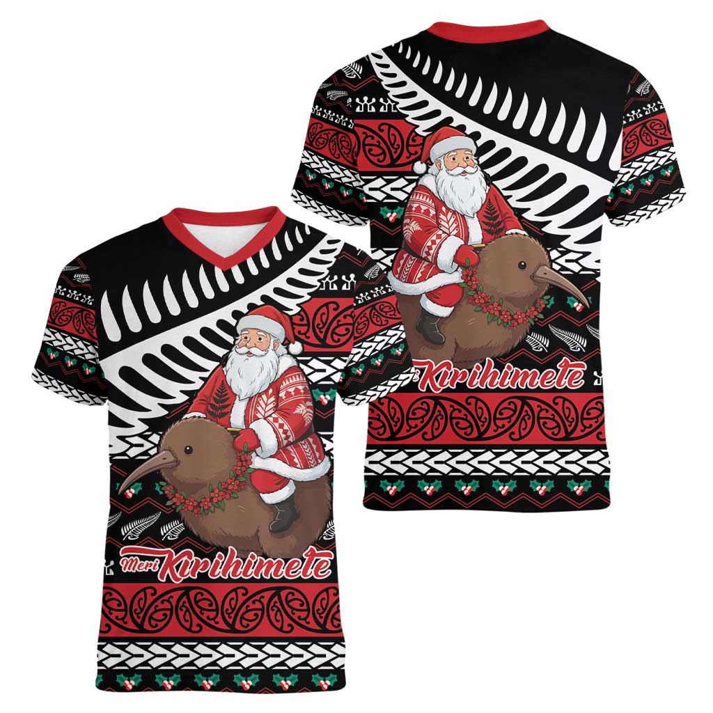 New Zealand Kiwi Santa Christmas Women V-Neck T-Shirt He Wairua Kirihimete LT9 - Polynesian Pride