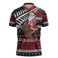 New Zealand Kiwi Santa Christmas Zipper Polo Shirt He Wairua Kirihimete LT9 Black - Polynesian Pride