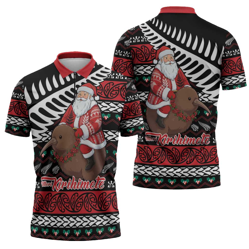 New Zealand Kiwi Santa Christmas Zipper Polo Shirt He Wairua Kirihimete LT9 - Polynesian Pride