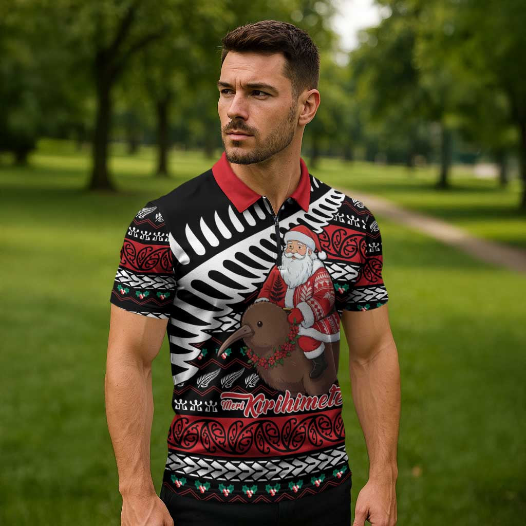 New Zealand Kiwi Santa Christmas Zipper Polo Shirt He Wairua Kirihimete LT9 - Polynesian Pride