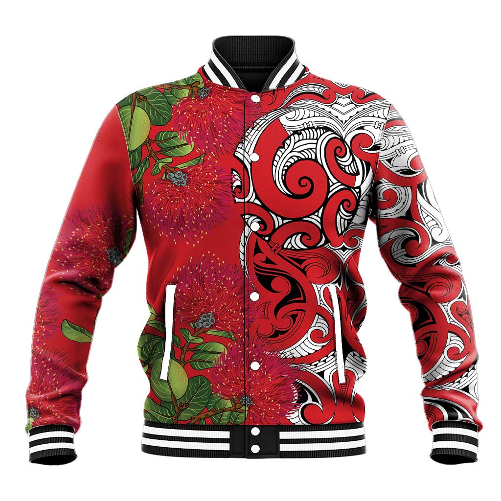 Personalised New Zealand Koru Pohutukawa Baseball Jacket Meri Kirihimete Aroha for Christmas LT9 Unisex Red - Polynesian Pride