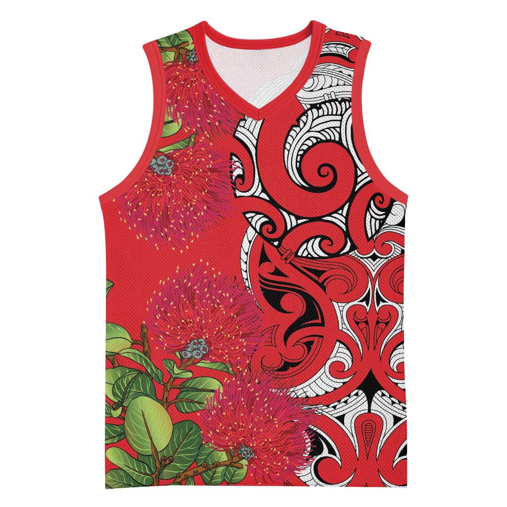 Personalised New Zealand Koru Pohutukawa Basketball Jersey Meri Kirihimete Aroha for Christmas LT9 Unisex Red - Polynesian Pride