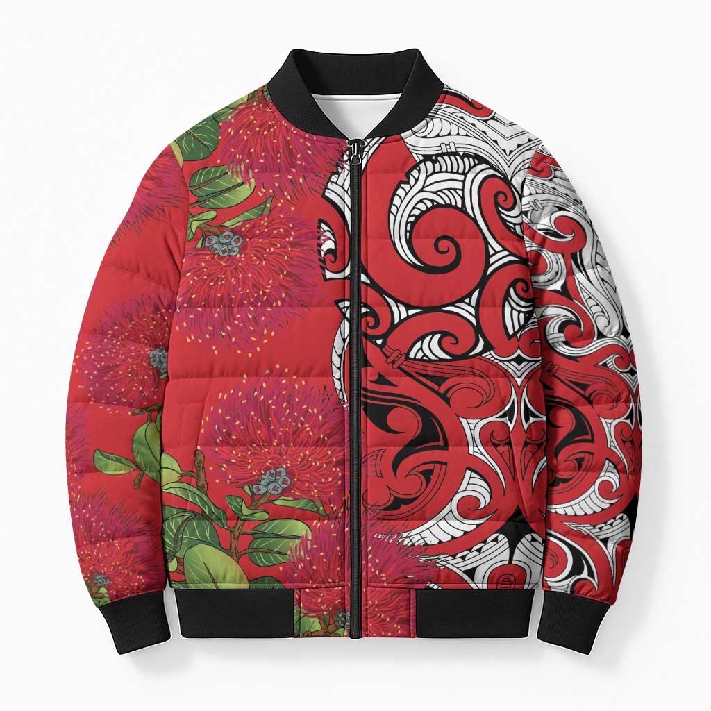 Personalised New Zealand Koru Pohutukawa Bomber Puffer Jacket Meri Kirihimete Aroha for Christmas LT9 Unisex Red - Polynesian Pride