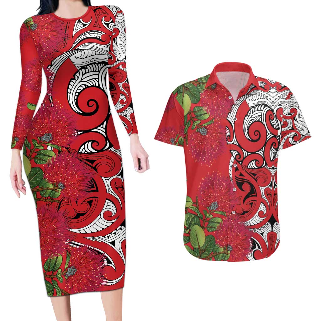 Personalised New Zealand Koru Pohutukawa Couples Matching Long Sleeve Bodycon Dress and Hawaiian Shirt Meri Kirihimete Aroha for Christmas LT9 Red - Polynesian Pride