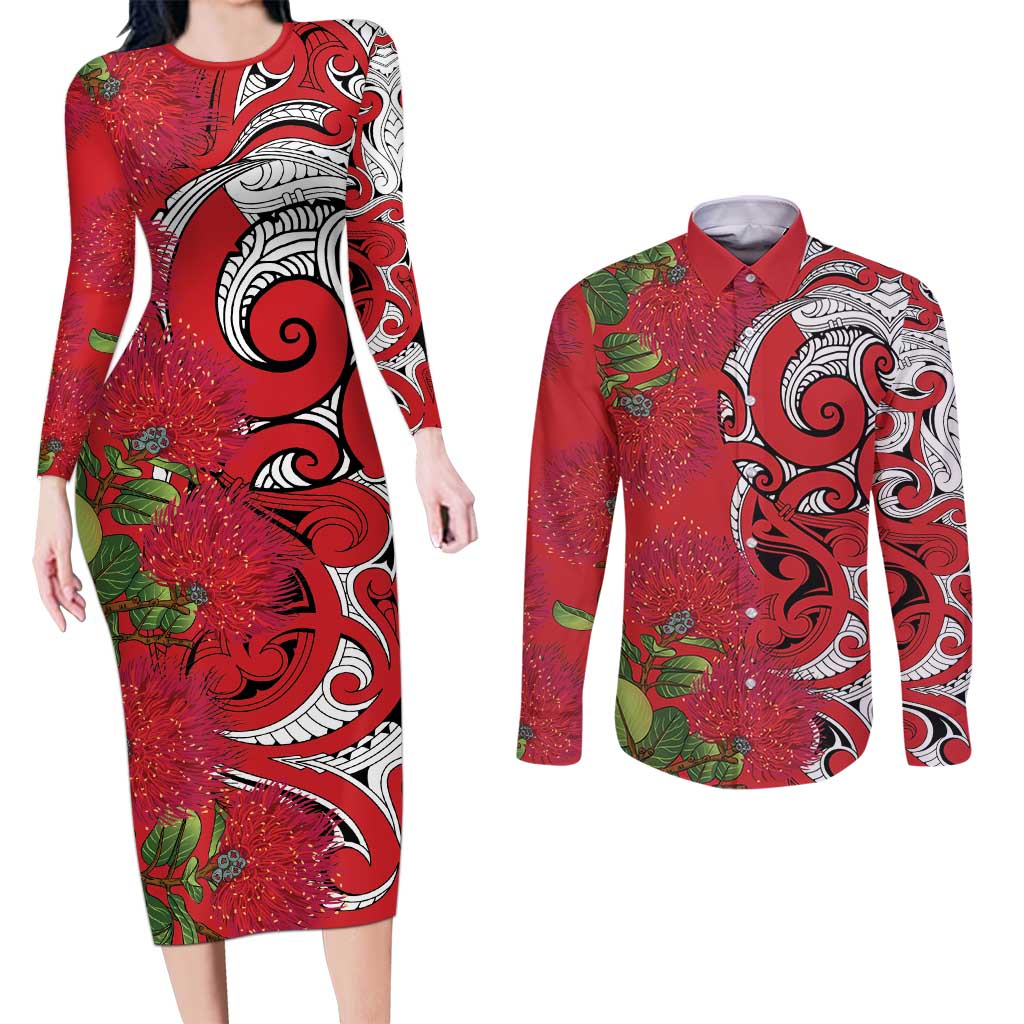 Personalised New Zealand Koru Pohutukawa Couples Matching Long Sleeve Bodycon Dress and Long Sleeve Button Shirt Meri Kirihimete Aroha for Christmas LT9 Red - Polynesian Pride