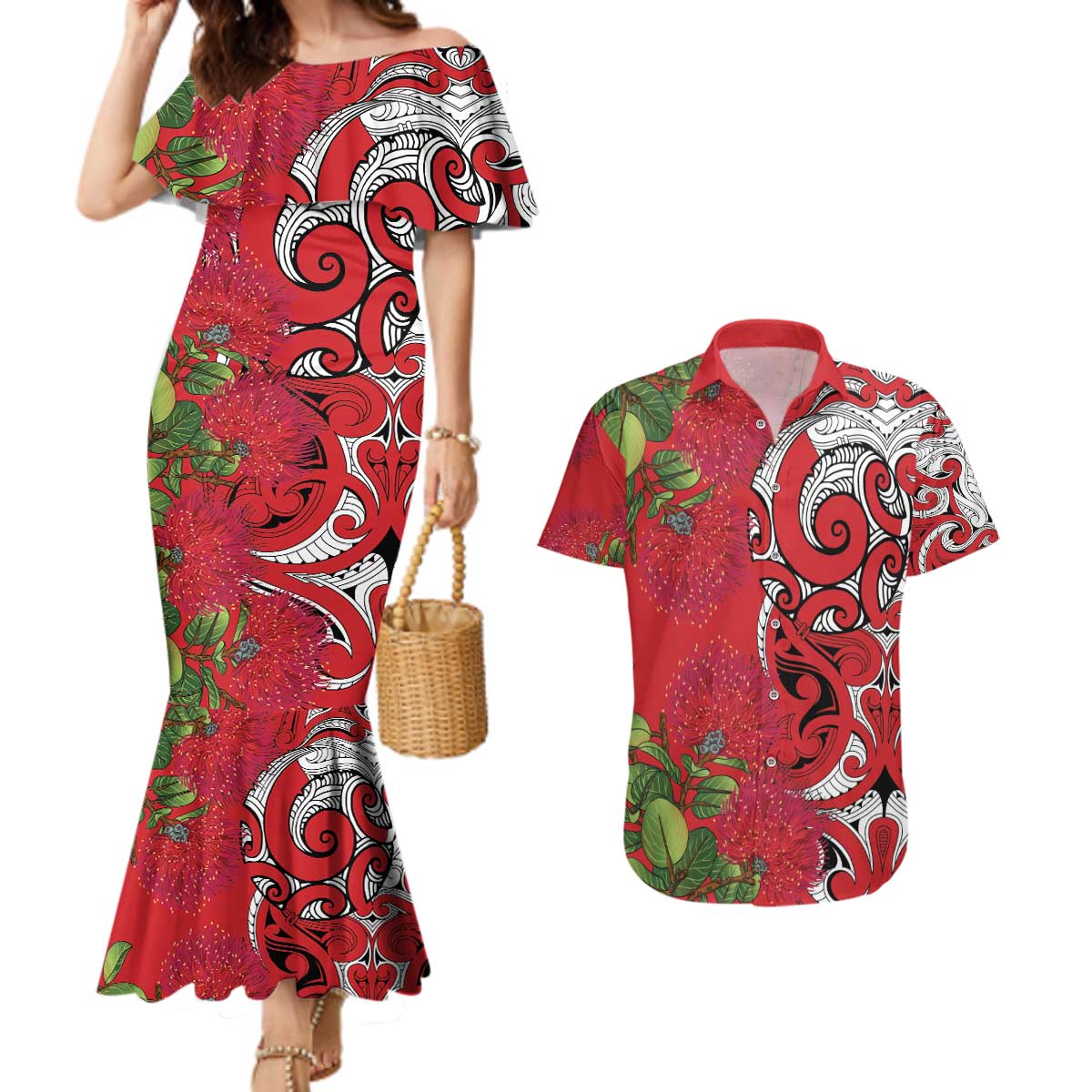 Personalised New Zealand Koru Pohutukawa Couples Matching Mermaid Dress and Hawaiian Shirt Meri Kirihimete Aroha for Christmas LT9 Red - Polynesian Pride