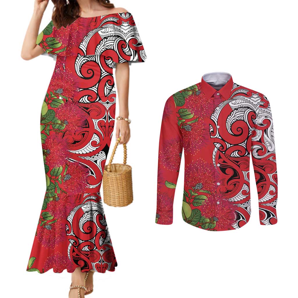 Personalised New Zealand Koru Pohutukawa Couples Matching Mermaid Dress and Long Sleeve Button Shirt Meri Kirihimete Aroha for Christmas LT9 Red - Polynesian Pride