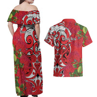 Personalised New Zealand Koru Pohutukawa Couples Matching Off Shoulder Maxi Dress and Hawaiian Shirt Meri Kirihimete Aroha for Christmas LT9 - Polynesian Pride