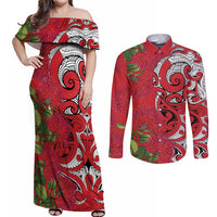 Personalised New Zealand Koru Pohutukawa Couples Matching Off Shoulder Maxi Dress and Long Sleeve Button Shirt Meri Kirihimete Aroha for Christmas LT9 Red - Polynesian Pride