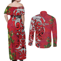 Personalised New Zealand Koru Pohutukawa Couples Matching Off Shoulder Maxi Dress and Long Sleeve Button Shirt Meri Kirihimete Aroha for Christmas LT9 - Polynesian Pride