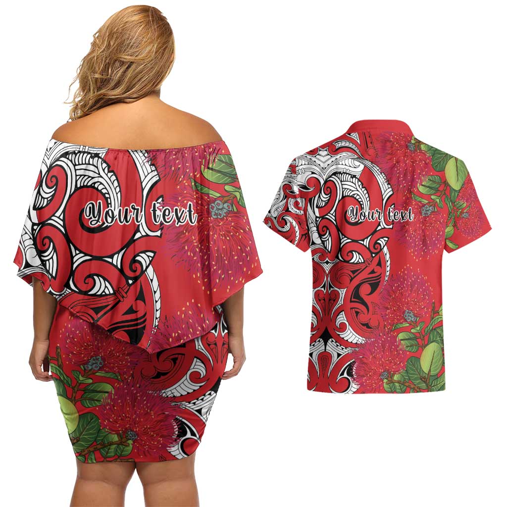 Personalised New Zealand Koru Pohutukawa Couples Matching Off Shoulder Short Dress and Hawaiian Shirt Meri Kirihimete Aroha for Christmas LT9 - Polynesian Pride