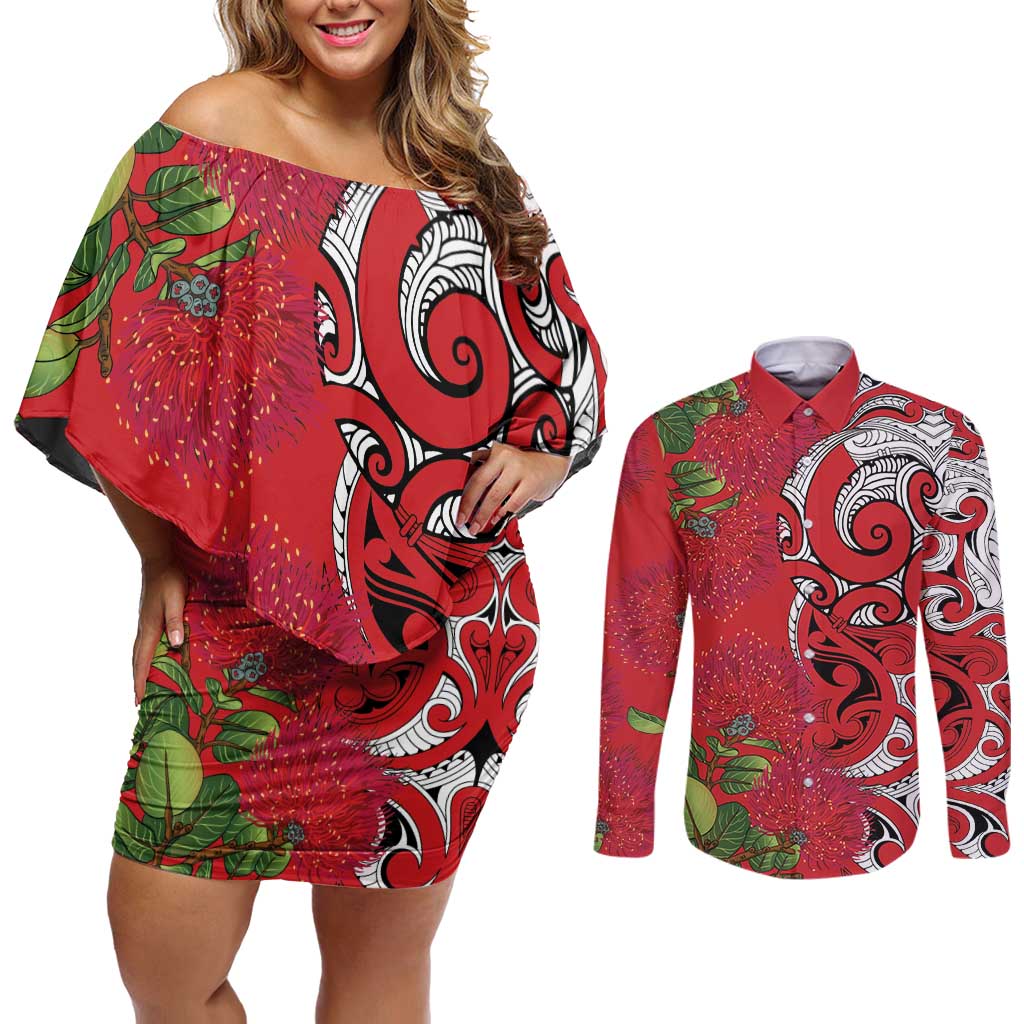 Personalised New Zealand Koru Pohutukawa Couples Matching Off Shoulder Short Dress and Long Sleeve Button Shirt Meri Kirihimete Aroha for Christmas LT9 Red - Polynesian Pride