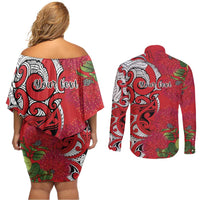 Personalised New Zealand Koru Pohutukawa Couples Matching Off Shoulder Short Dress and Long Sleeve Button Shirt Meri Kirihimete Aroha for Christmas LT9 - Polynesian Pride