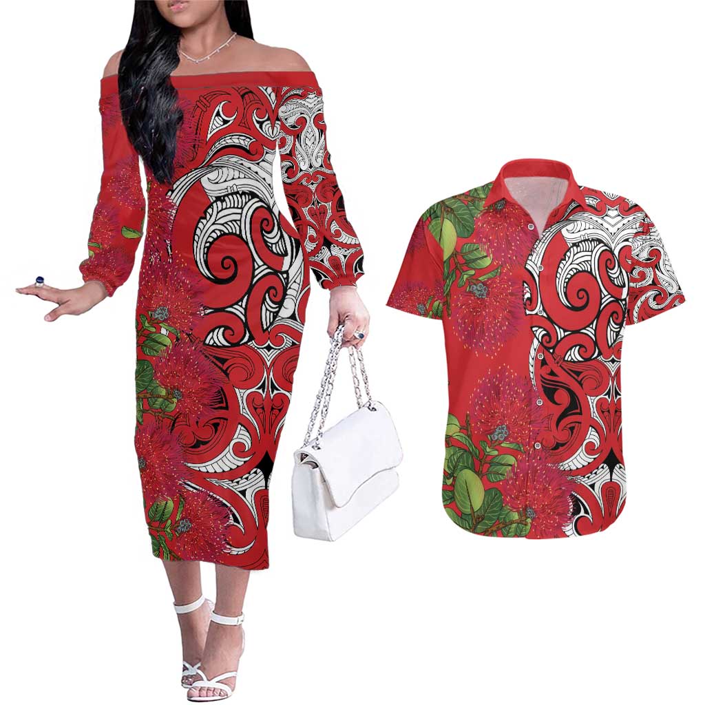 Personalised New Zealand Koru Pohutukawa Couples Matching Off The Shoulder Long Sleeve Dress and Hawaiian Shirt Meri Kirihimete Aroha for Christmas LT9 Red - Polynesian Pride