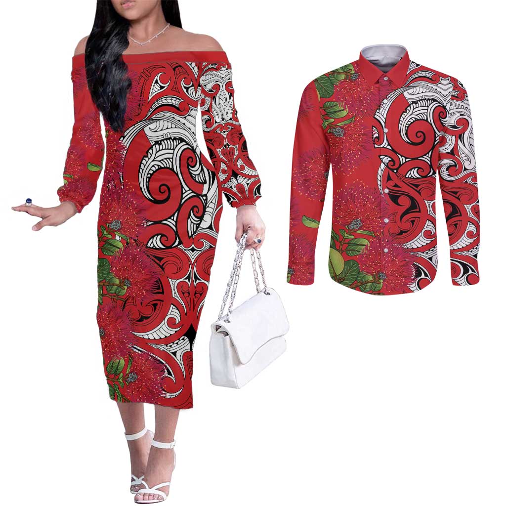 Personalised New Zealand Koru Pohutukawa Couples Matching Off The Shoulder Long Sleeve Dress and Long Sleeve Button Shirt Meri Kirihimete Aroha for Christmas LT9 Red - Polynesian Pride