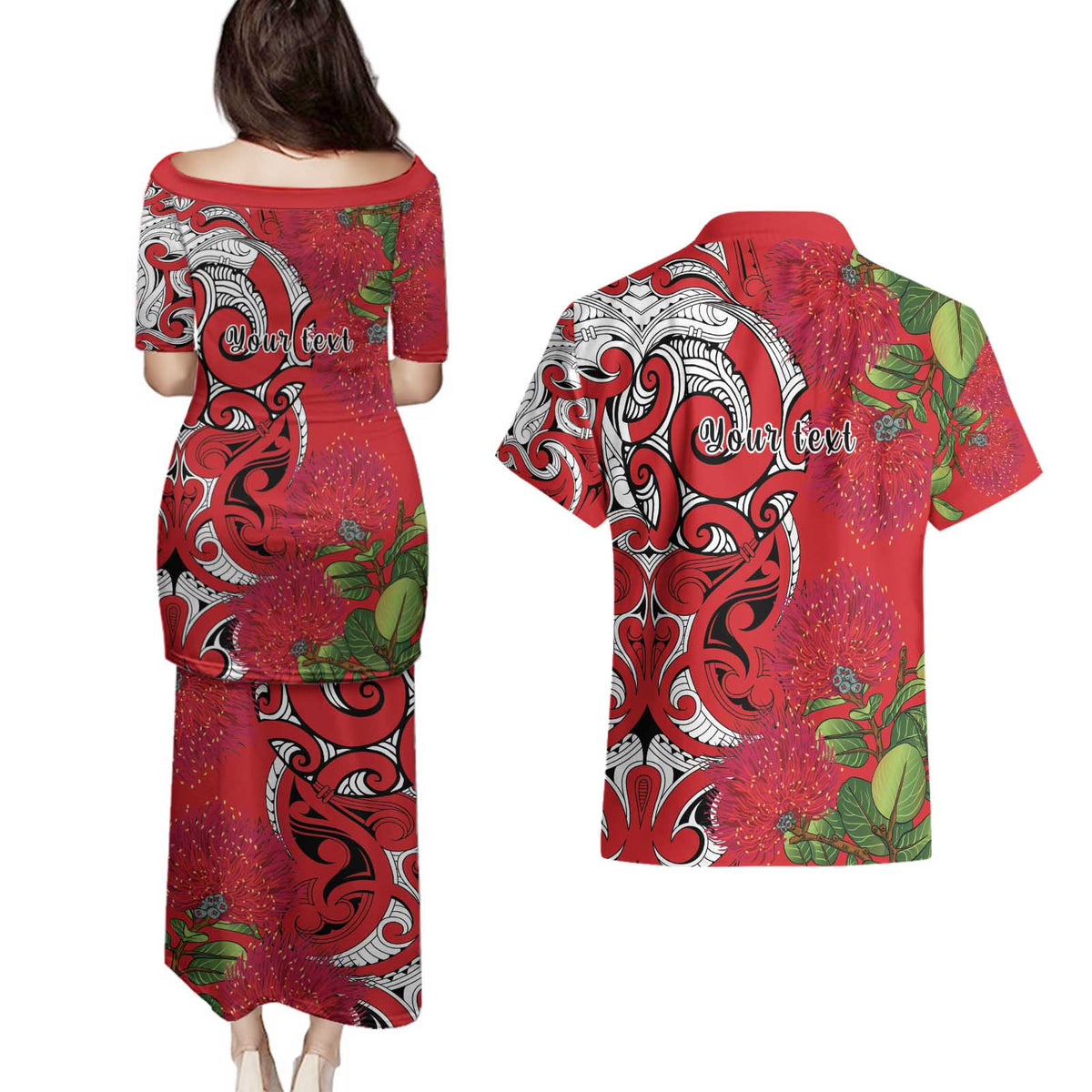 Personalised New Zealand Koru Pohutukawa Couples Matching Puletasi and Hawaiian Shirt Meri Kirihimete Aroha for Christmas LT9 - Polynesian Pride