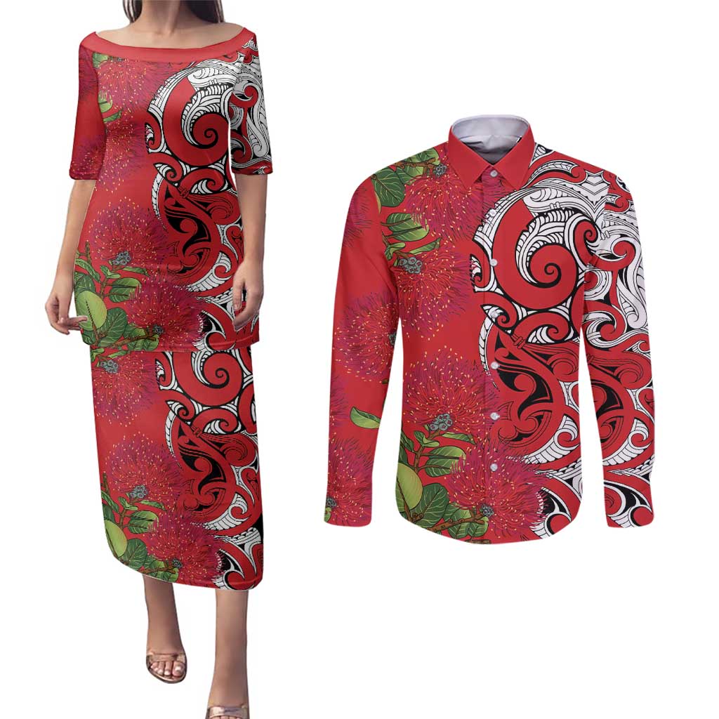 Personalised New Zealand Koru Pohutukawa Couples Matching Puletasi and Long Sleeve Button Shirt Meri Kirihimete Aroha for Christmas - Polynesian Pride