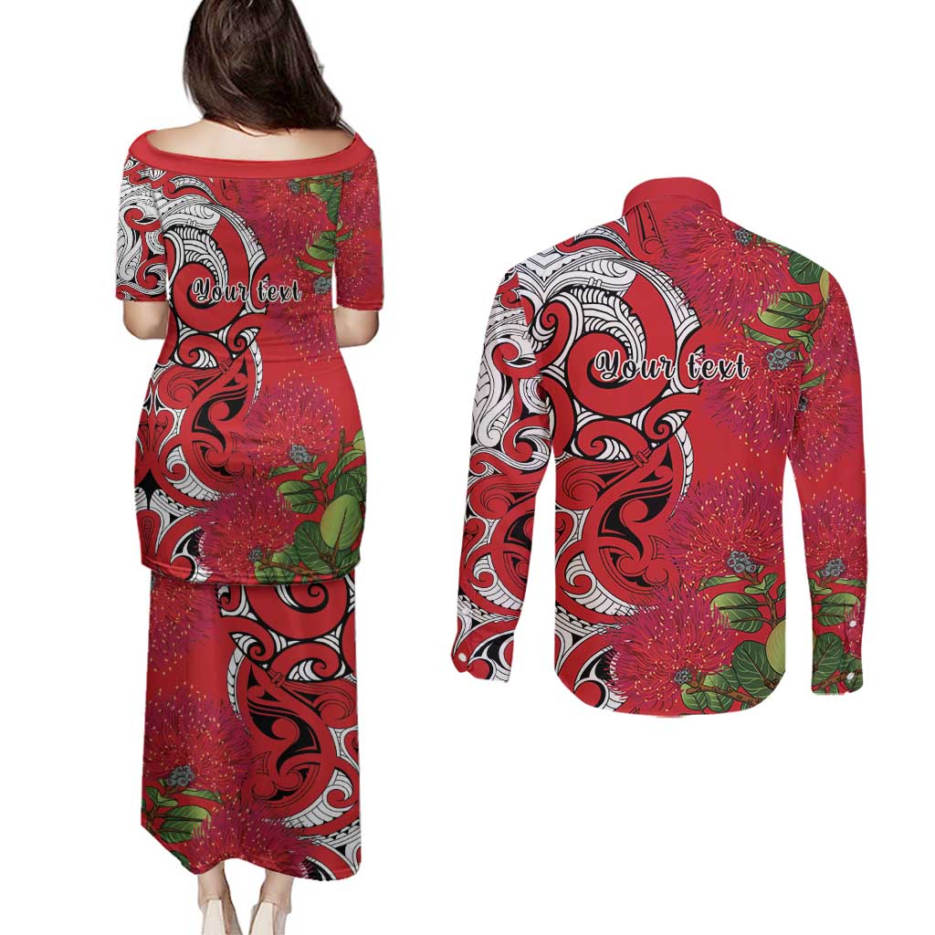 Personalised New Zealand Koru Pohutukawa Couples Matching Puletasi and Long Sleeve Button Shirt Meri Kirihimete Aroha for Christmas LT9 - Polynesian Pride
