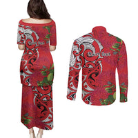 Personalised New Zealand Koru Pohutukawa Couples Matching Puletasi and Long Sleeve Button Shirt Meri Kirihimete Aroha for Christmas LT9 - Polynesian Pride