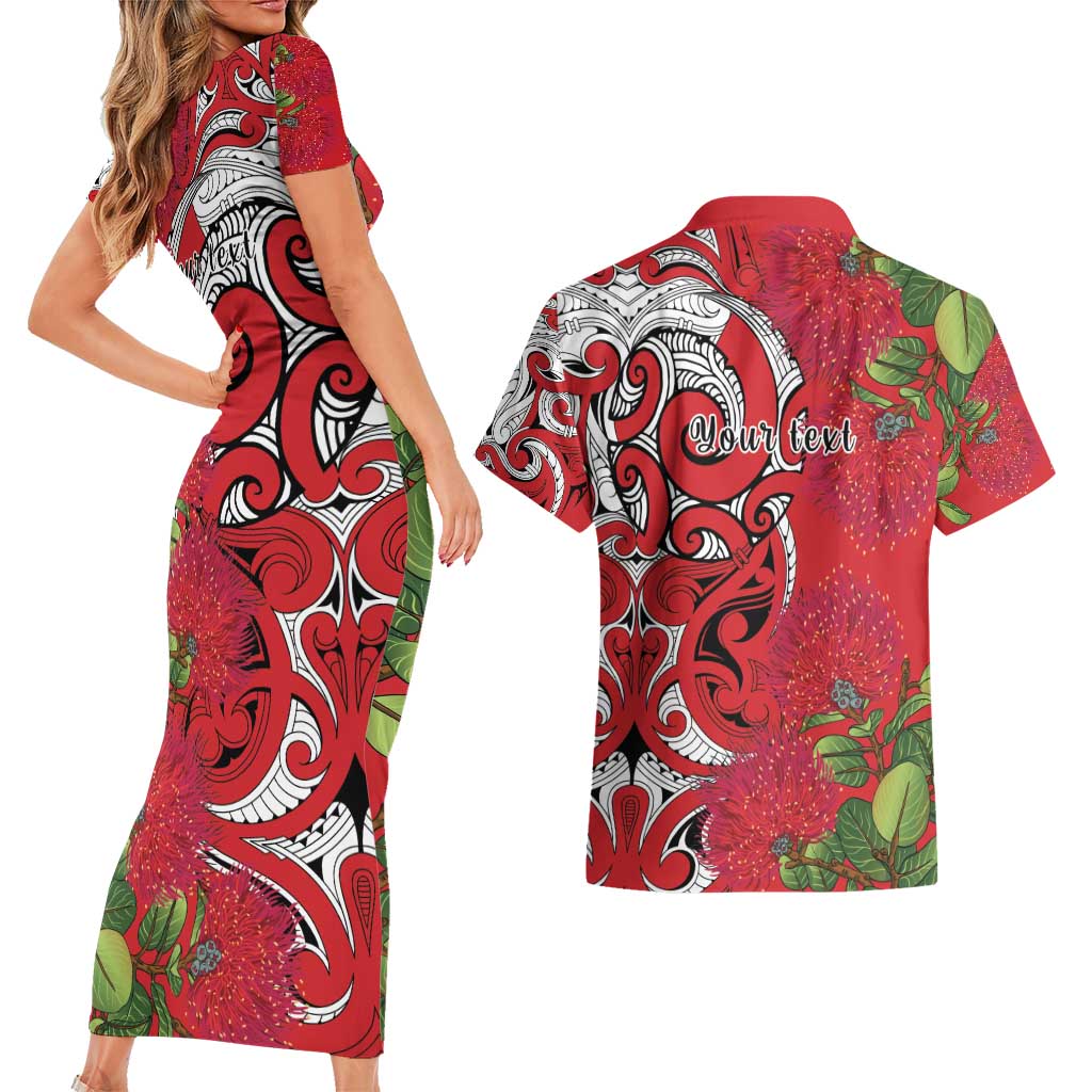 Personalised New Zealand Koru Pohutukawa Couples Matching Short Sleeve Bodycon Dress and Hawaiian Shirt Meri Kirihimete Aroha for Christmas LT9 - Polynesian Pride