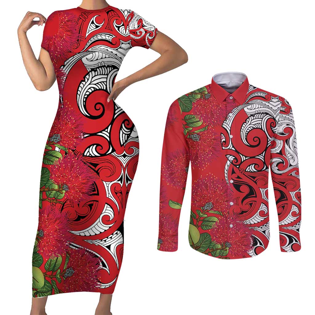 Personalised New Zealand Koru Pohutukawa Couples Matching Short Sleeve Bodycon Dress and Long Sleeve Button Shirt Meri Kirihimete Aroha for Christmas LT9 Red - Polynesian Pride